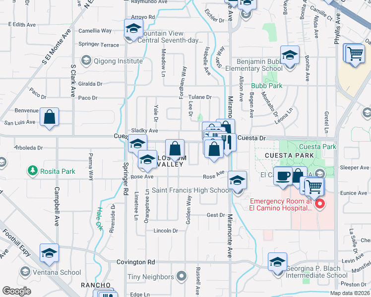 map of restaurants, bars, coffee shops, grocery stores, and more near 1714 Cherrytree Lane in Mountain View