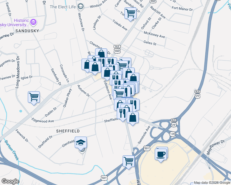 map of restaurants, bars, coffee shops, grocery stores, and more near 2135 Wards Road in Lynchburg