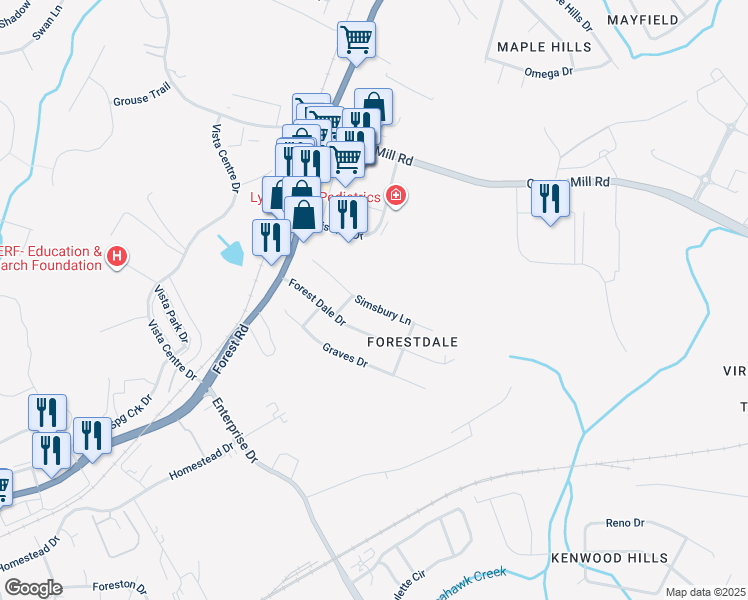 map of restaurants, bars, coffee shops, grocery stores, and more near 206 Simsbury Lane in Forest
