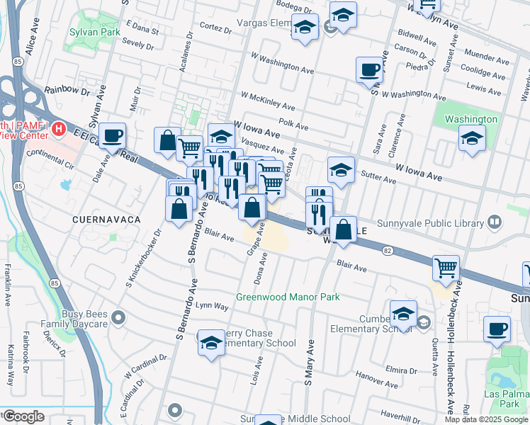map of restaurants, bars, coffee shops, grocery stores, and more near 1111 El Camino Real in Sunnyvale