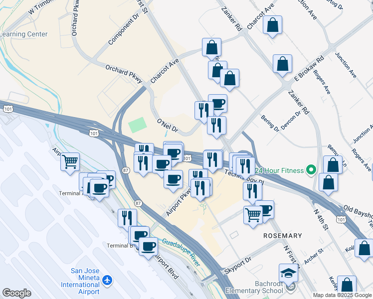 map of restaurants, bars, coffee shops, grocery stores, and more near 108 Karina Court in San Jose