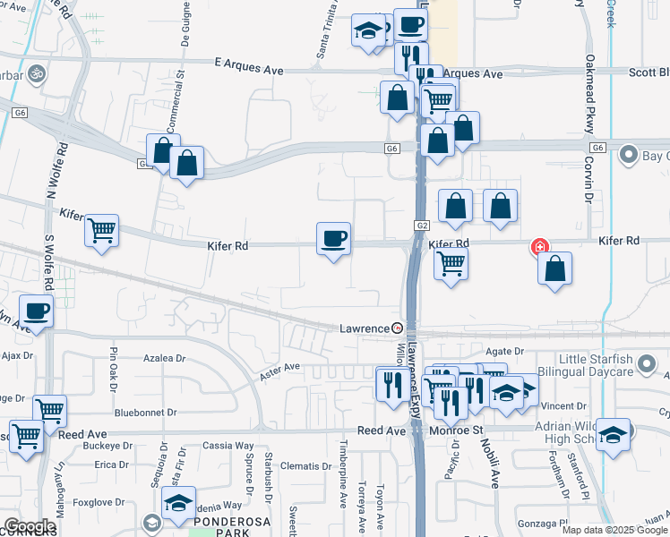 map of restaurants, bars, coffee shops, grocery stores, and more near 1120 Kifer Road in Sunnyvale