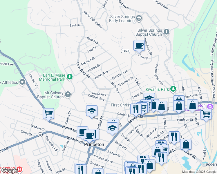 map of restaurants, bars, coffee shops, grocery stores, and more near 1204 North Walker Street in Princeton