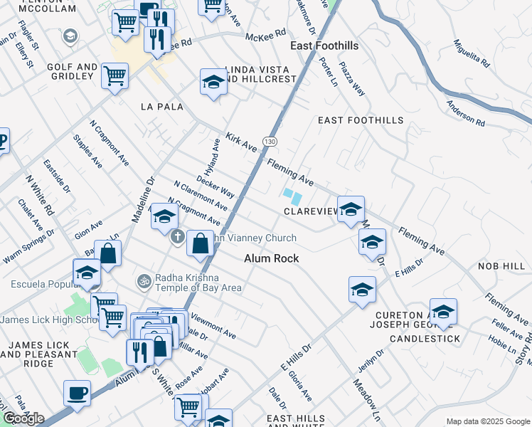 map of restaurants, bars, coffee shops, grocery stores, and more near 67 Clareview Avenue in San Jose