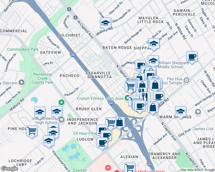 map of restaurants, bars, coffee shops, grocery stores, and more near 2420 Kita Lane in San Jose