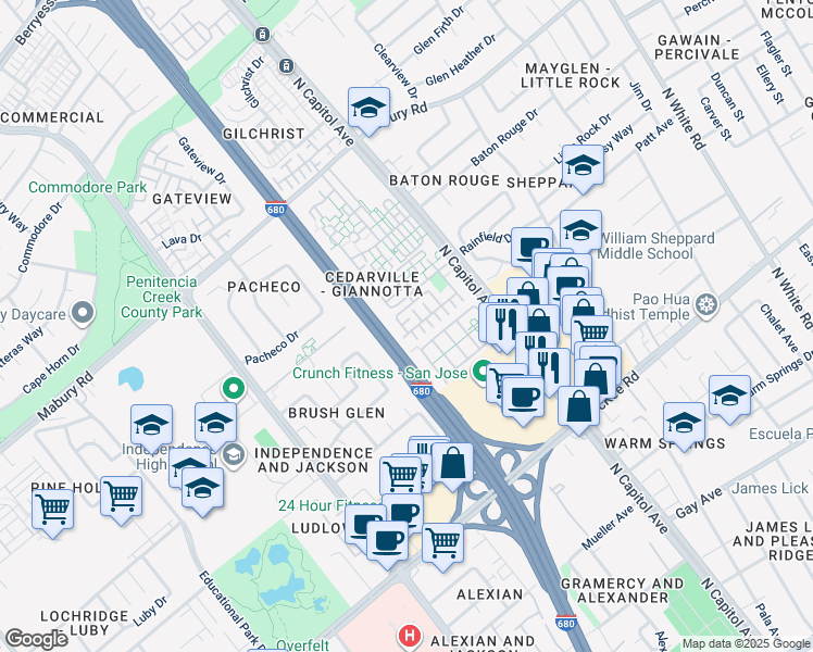 map of restaurants, bars, coffee shops, grocery stores, and more near 2420 Kita Lane in San Jose