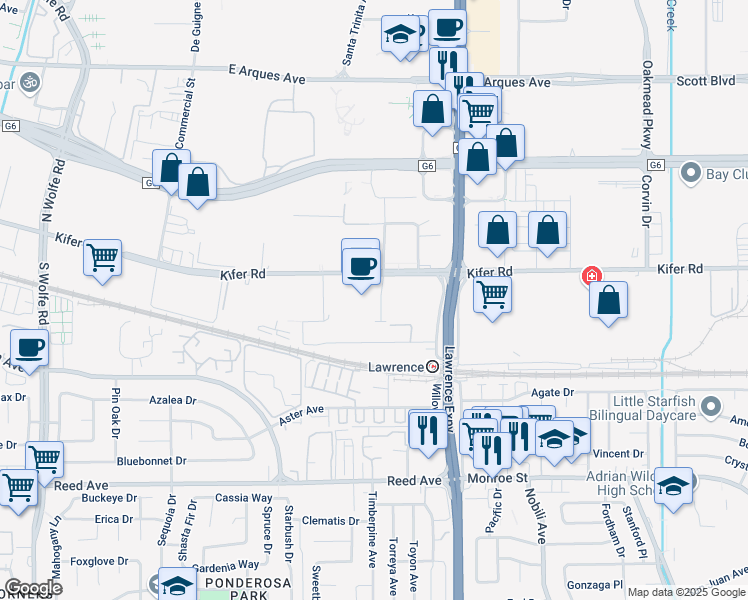 map of restaurants, bars, coffee shops, grocery stores, and more near 1124 Kifer Road in Sunnyvale