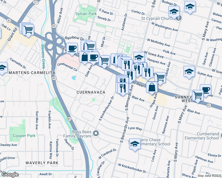 map of restaurants, bars, coffee shops, grocery stores, and more near 665 South Knickerbocker Drive in Sunnyvale
