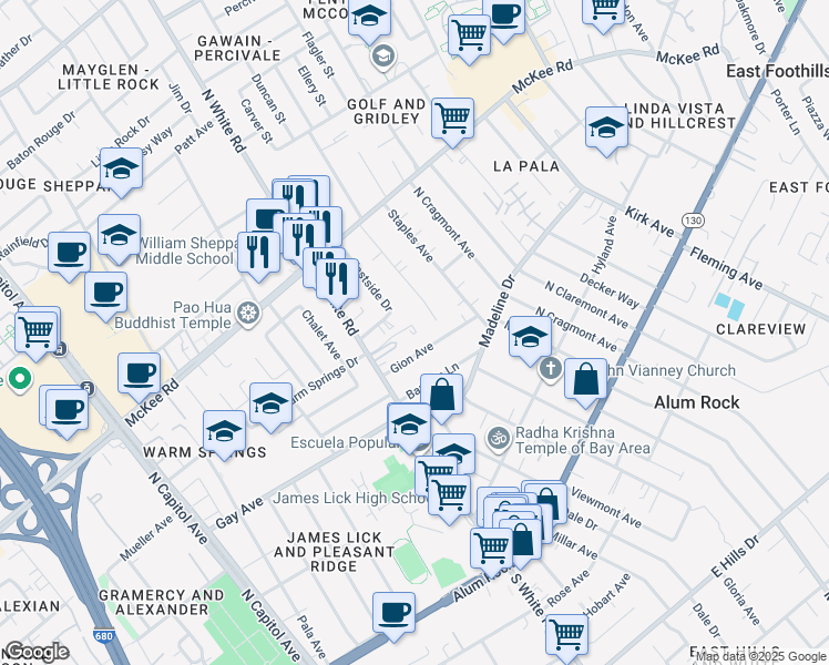 map of restaurants, bars, coffee shops, grocery stores, and more near 4063 Gion Avenue in San Jose