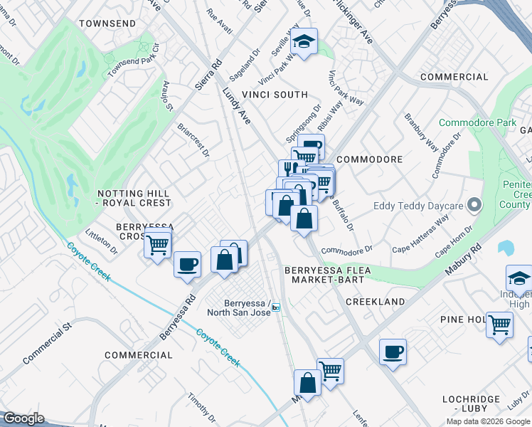 map of restaurants, bars, coffee shops, grocery stores, and more near 1652 Fern Pine Court in San Jose