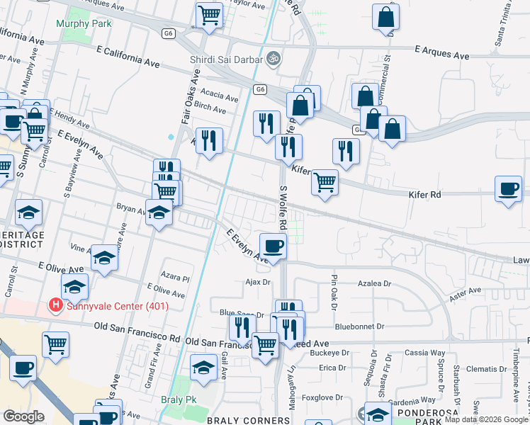 map of restaurants, bars, coffee shops, grocery stores, and more near 782 Bramble Terrace in Sunnyvale