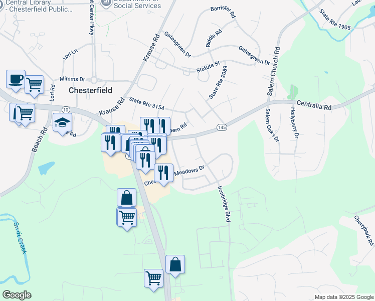 map of restaurants, bars, coffee shops, grocery stores, and more near 6305 Old Wrexham Circle in Chesterfield