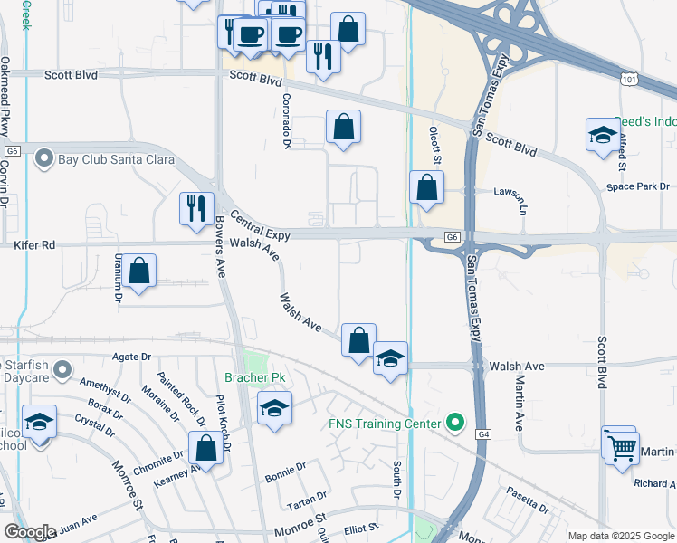 map of restaurants, bars, coffee shops, grocery stores, and more near 2820 Northwestern Parkway in Santa Clara