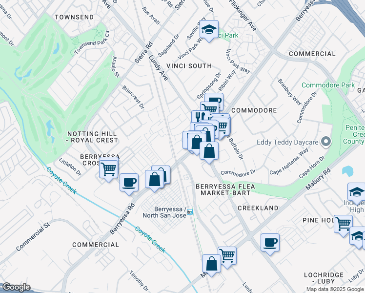 map of restaurants, bars, coffee shops, grocery stores, and more near 1652 Fern Pine Court in San Jose