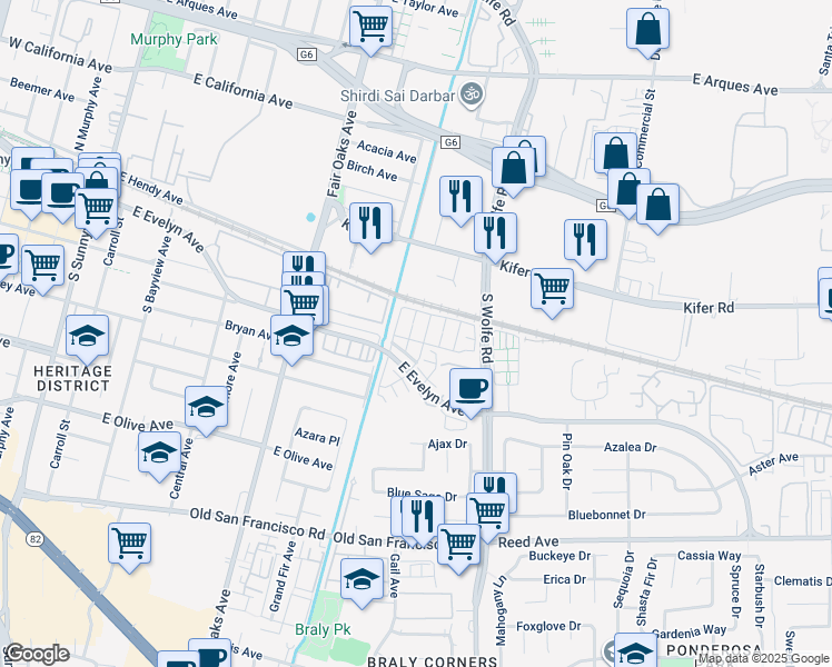 map of restaurants, bars, coffee shops, grocery stores, and more near 130 Incense Terrace in Sunnyvale