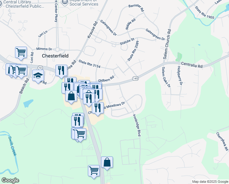 map of restaurants, bars, coffee shops, grocery stores, and more near 6305 Old Wrexham Circle in Chesterfield