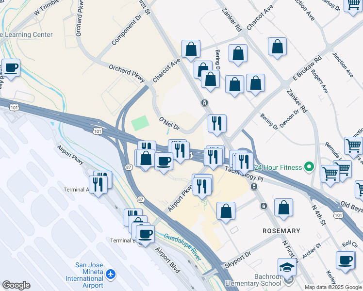 map of restaurants, bars, coffee shops, grocery stores, and more near 108 Karina Court in San Jose