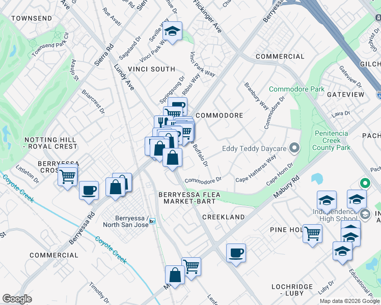 map of restaurants, bars, coffee shops, grocery stores, and more near 1740 Chesterton Circle in San Jose