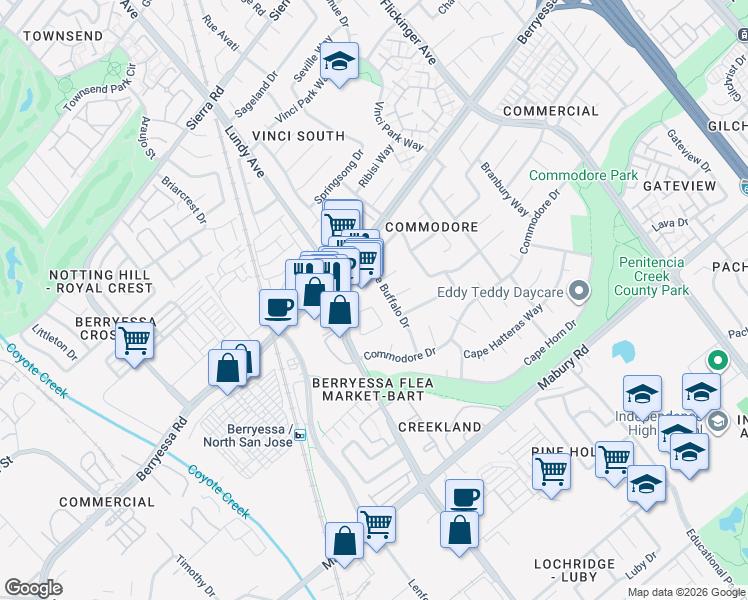 map of restaurants, bars, coffee shops, grocery stores, and more near 1740 Chesterton Circle in San Jose
