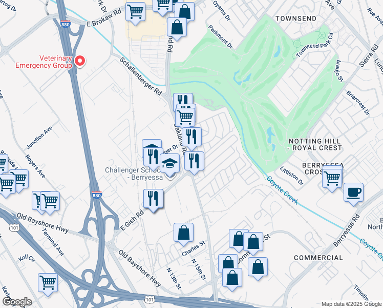 map of restaurants, bars, coffee shops, grocery stores, and more near 1358 Oakland Road in San Jose