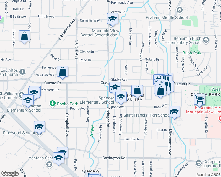 map of restaurants, bars, coffee shops, grocery stores, and more near 1735 Springer Road in Mountain View