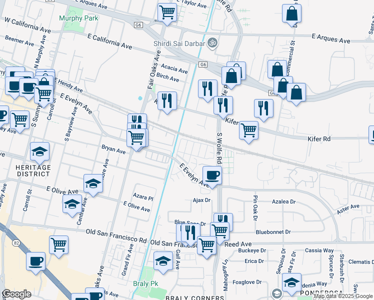 map of restaurants, bars, coffee shops, grocery stores, and more near 130 Incense Terrace in Sunnyvale
