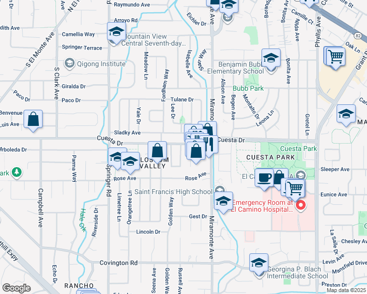 map of restaurants, bars, coffee shops, grocery stores, and more near 1709 Peartree Lane in Mountain View