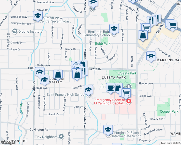 map of restaurants, bars, coffee shops, grocery stores, and more near 767 Cuesta Drive in Mountain View