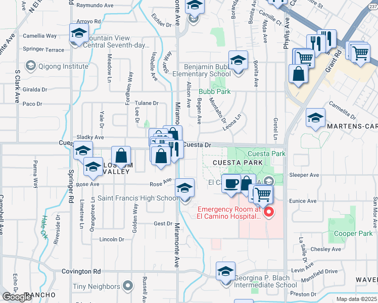 map of restaurants, bars, coffee shops, grocery stores, and more near 767 Cuesta Drive in Mountain View
