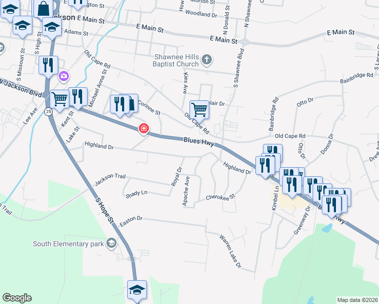map of restaurants, bars, coffee shops, grocery stores, and more near 1225 Highland Drive in Jackson