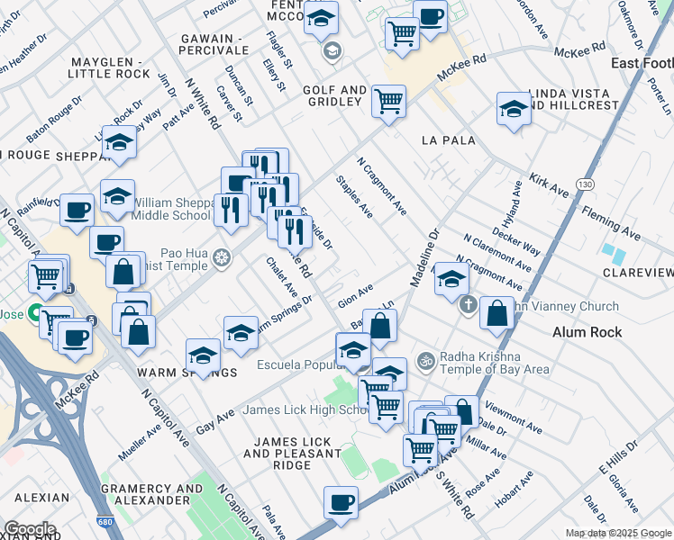 map of restaurants, bars, coffee shops, grocery stores, and more near 220 North White Road in San Jose