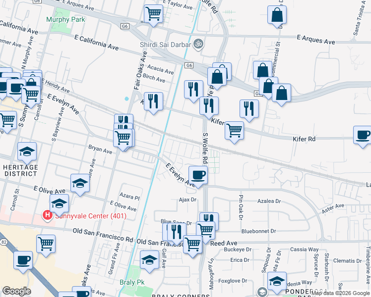 map of restaurants, bars, coffee shops, grocery stores, and more near 152 Ivory Palm Terrace in Sunnyvale