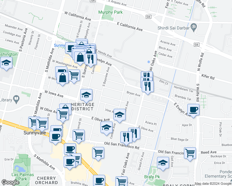 map of restaurants, bars, coffee shops, grocery stores, and more near 475 East McKinley Avenue in Sunnyvale