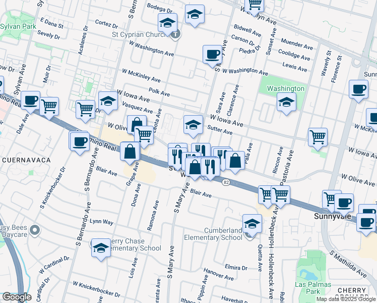 map of restaurants, bars, coffee shops, grocery stores, and more near 1005 West El Camino Real in Sunnyvale