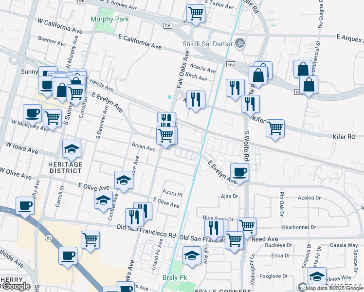 map of restaurants, bars, coffee shops, grocery stores, and more near 256 Fringe Tree Terrace in Sunnyvale