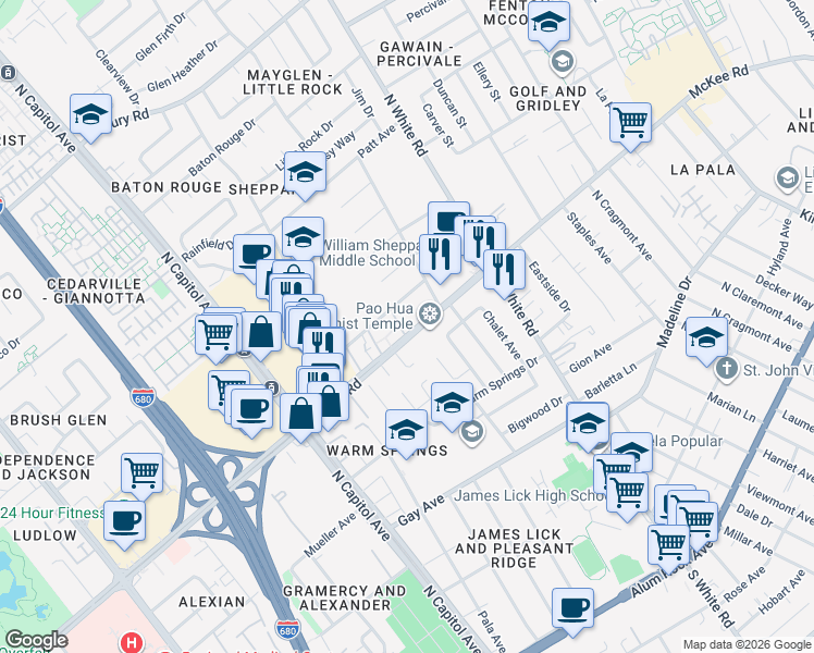 map of restaurants, bars, coffee shops, grocery stores, and more near 2935 McKee Road in San Jose