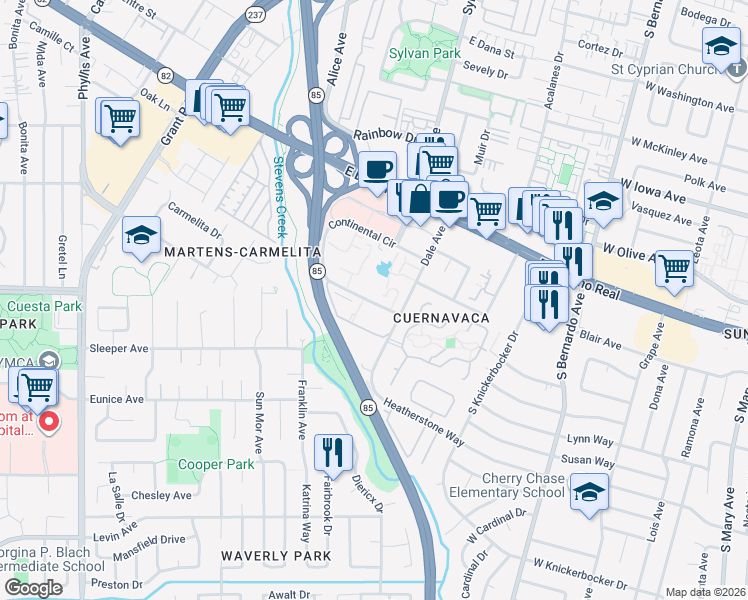 map of restaurants, bars, coffee shops, grocery stores, and more near 707 Continental Circle in Mountain View