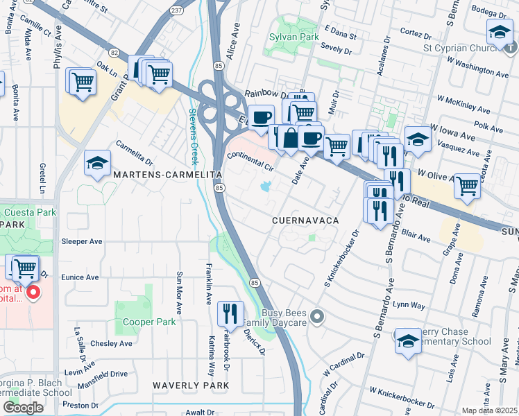 map of restaurants, bars, coffee shops, grocery stores, and more near 707 Continental Circle in Mountain View