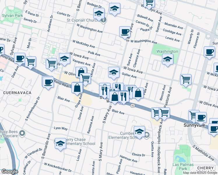 map of restaurants, bars, coffee shops, grocery stores, and more near 1025 West Olive Avenue in Sunnyvale