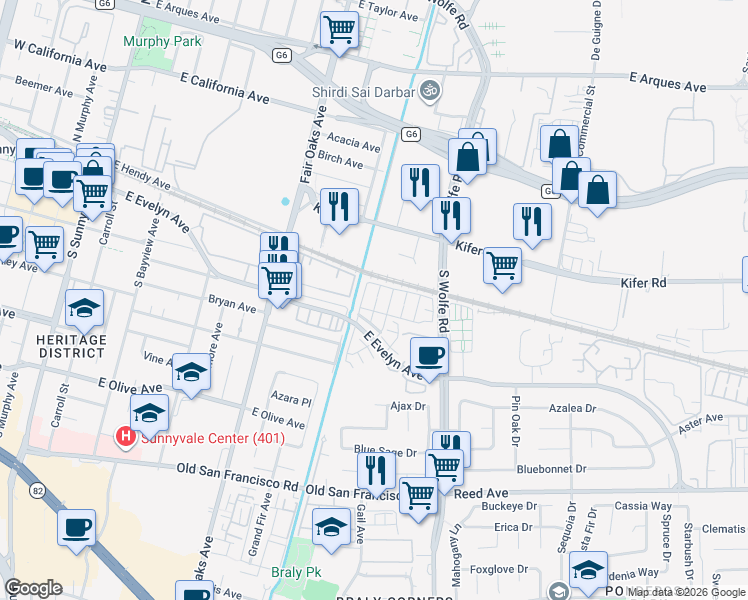 map of restaurants, bars, coffee shops, grocery stores, and more near 125 Incense Terrace in Sunnyvale