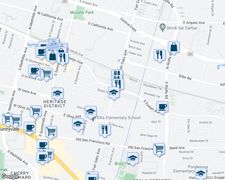 map of restaurants, bars, coffee shops, grocery stores, and more near 311 South Fair Oaks Avenue in Sunnyvale