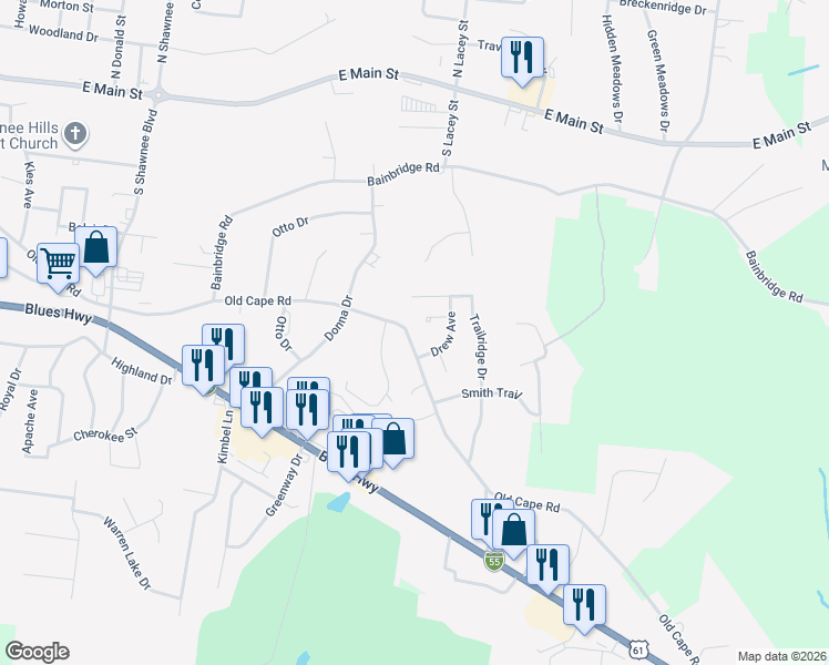 map of restaurants, bars, coffee shops, grocery stores, and more near 2216 Shannon Court in Jackson