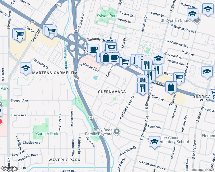 map of restaurants, bars, coffee shops, grocery stores, and more near 1124 Carlos Privada in Mountain View