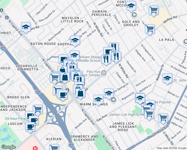 map of restaurants, bars, coffee shops, grocery stores, and more near 2811 McKee Road in San Jose