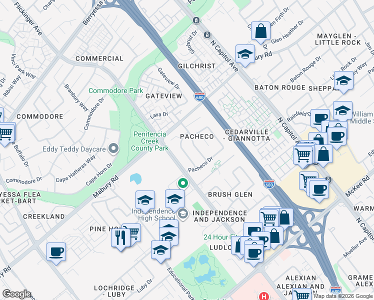 map of restaurants, bars, coffee shops, grocery stores, and more near 2352 Darnell Court in San Jose