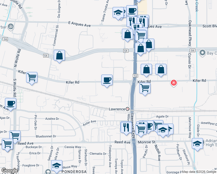 map of restaurants, bars, coffee shops, grocery stores, and more near 1120 Kifer Road in Sunnyvale