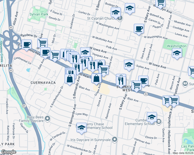 map of restaurants, bars, coffee shops, grocery stores, and more near 1111 El Camino Real in Sunnyvale