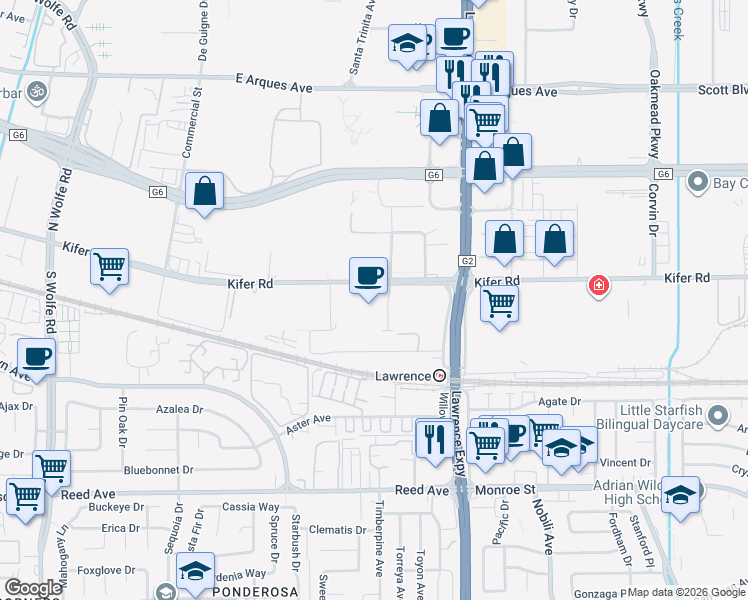 map of restaurants, bars, coffee shops, grocery stores, and more near 1120 Kifer Road in Sunnyvale