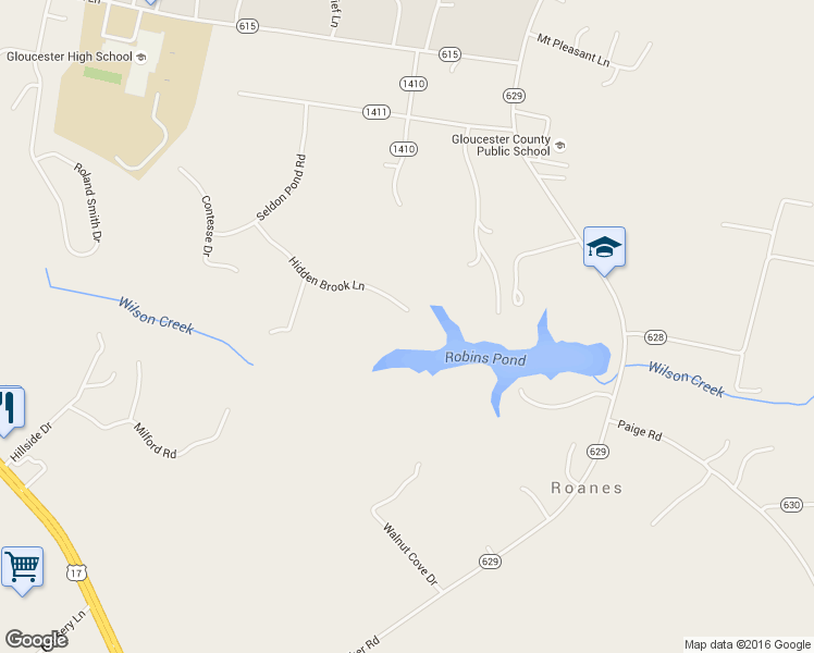 map of restaurants, bars, coffee shops, grocery stores, and more near 6960 Hidden Brook Lane in Gloucester Courthouse