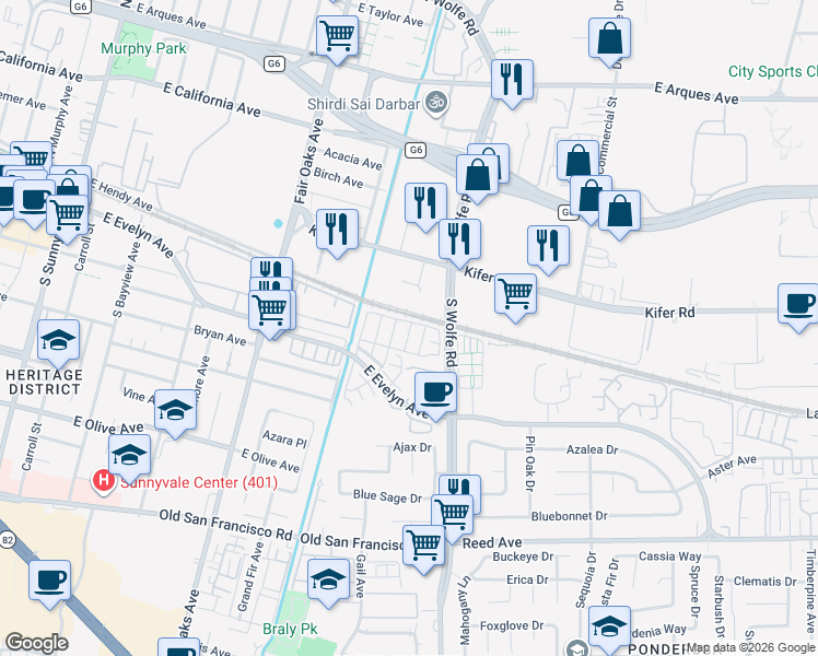 map of restaurants, bars, coffee shops, grocery stores, and more near 107 Lemmon Terrace in Sunnyvale